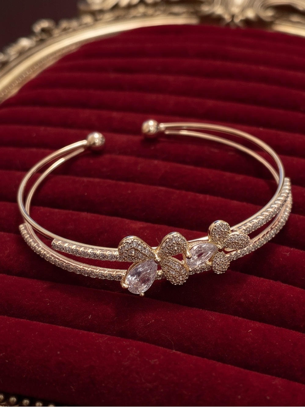 Elegant Gold-Plated Sparkling Butterfly & Flower Cuff Bracelet